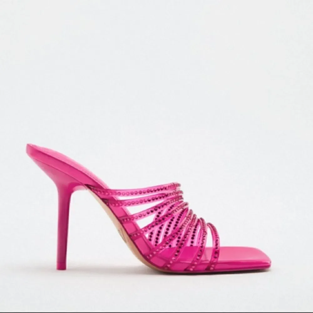 Zara Vinyl Pink Rhinestone Squared Toe High Heels Dress Sandals Shoes Size 8 - Picture 5 of 13